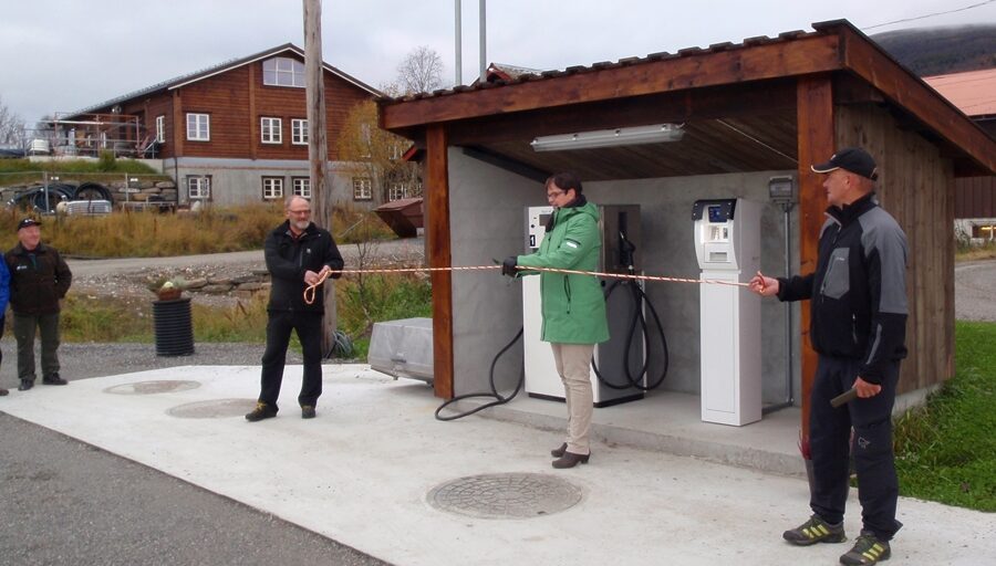 4 personer framfor bensinpumpe. Foto.