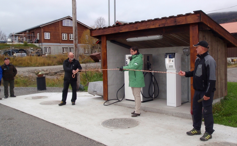 4 personer framfor bensinpumpe. Foto.
