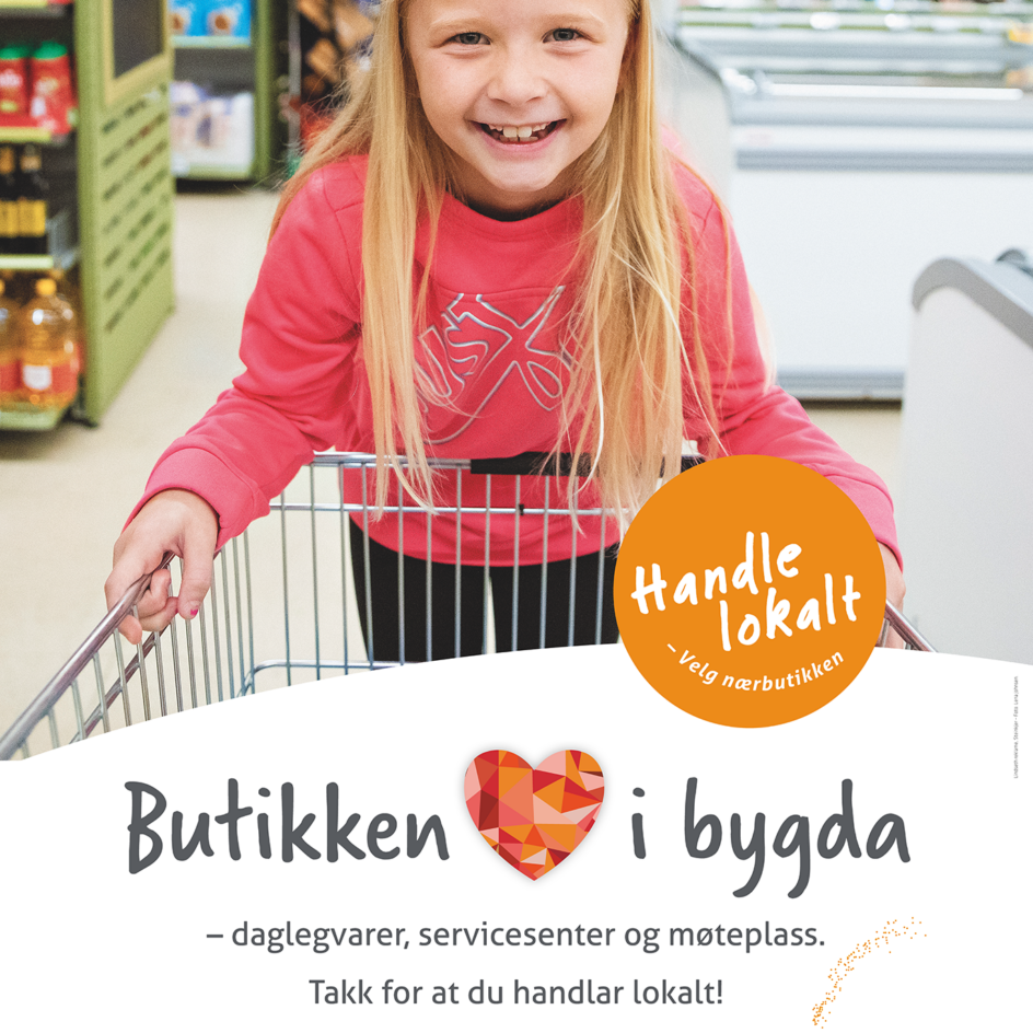 Smilande jente på ei handlevogn i ein daglegvarebutikk. Foto.