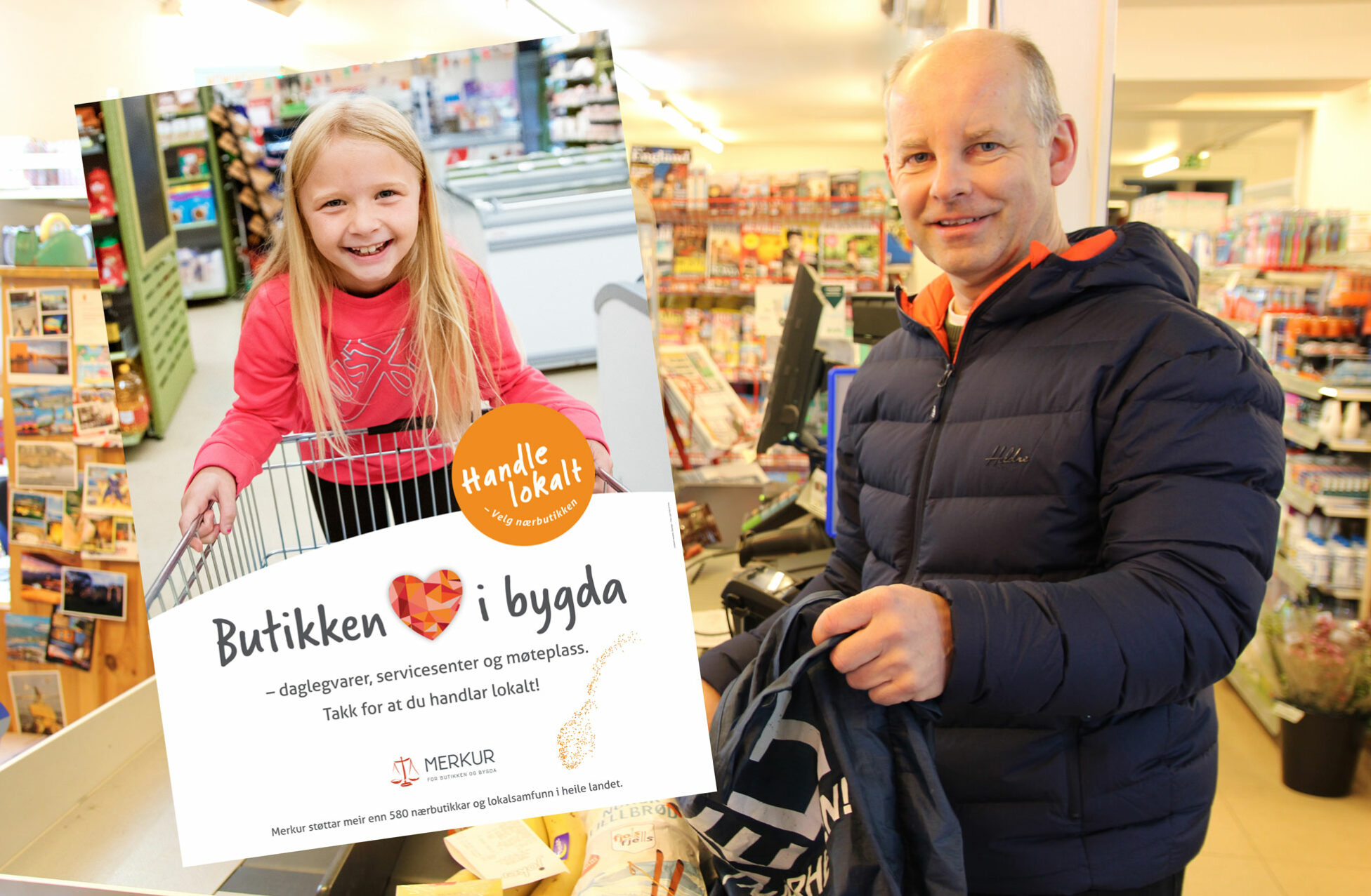 BIldekollage: person i butikk, plakat med ung person med barnevogn. Foto.