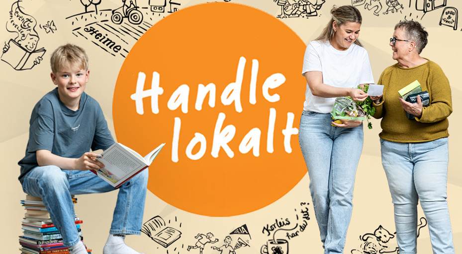 Teksten handle lokalt og bilde av en gutt som sitter på bøger og to kvinner med dagligvarer i hendene