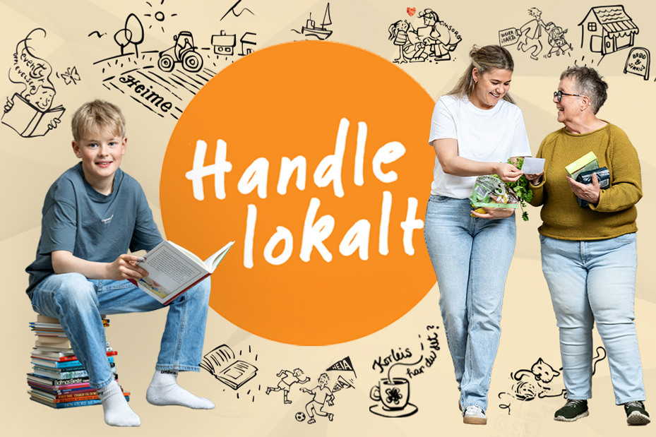 Teksten handle lokalt og bilde av en gutt som sitter på bøger og to kvinner med dagligvarer i hendene